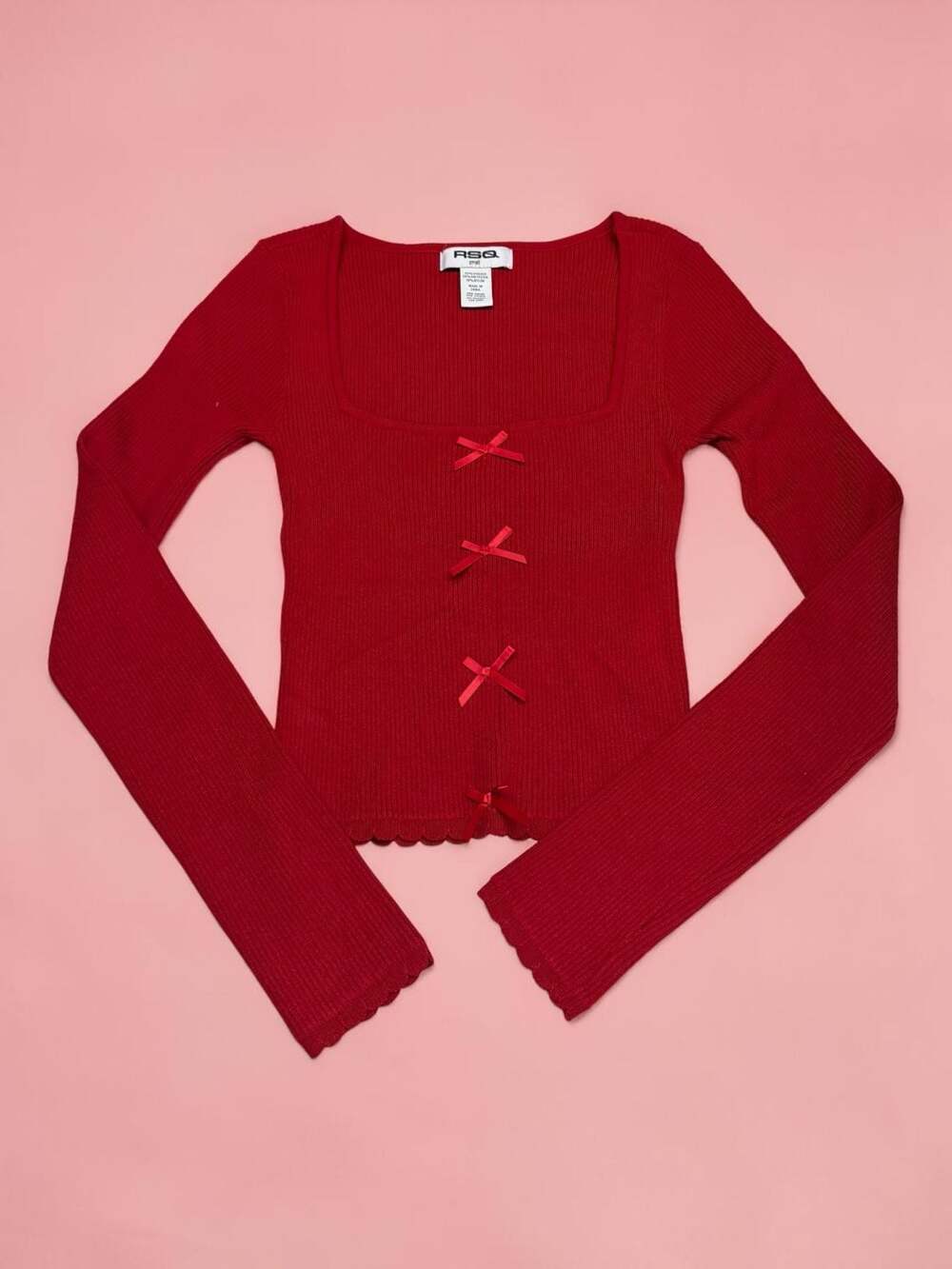 RSQ Red Square Neck Ribbed Long‎ Sleeve Bow Top Size Small